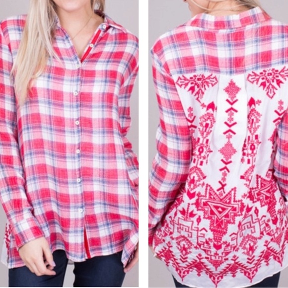 Johnny Was Misha Embroidered Flannel Plaid Shirt red blue S - Picture 1 of 8